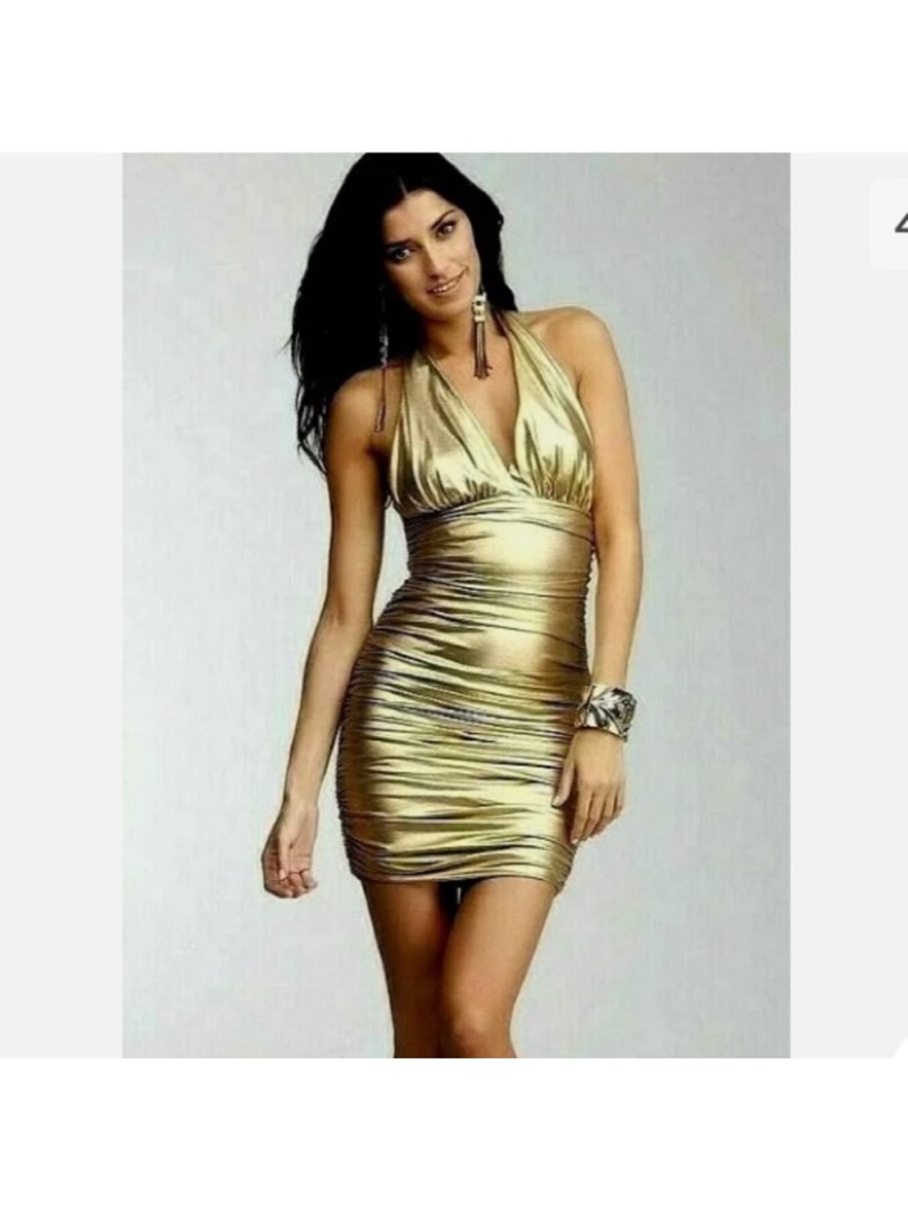 bebe Metallic Gold Halter Ruched Mini Dress
